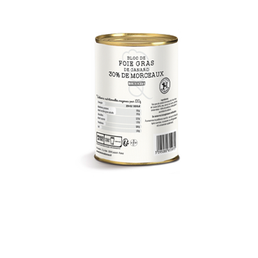 Bloc de foie gras de canard 30% morceaux boite métal